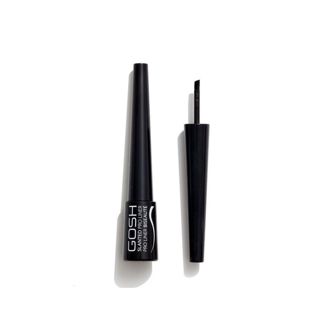 GOSH-Slanted Pro Liner - Intense Black waterproof liquid eyeliner with a matte black cylindrical bottle and slanted applicator brush, shown uncapped on white background, ideal for precise winged, thin, bold, straight, or curved lines with intense black colour payoff.