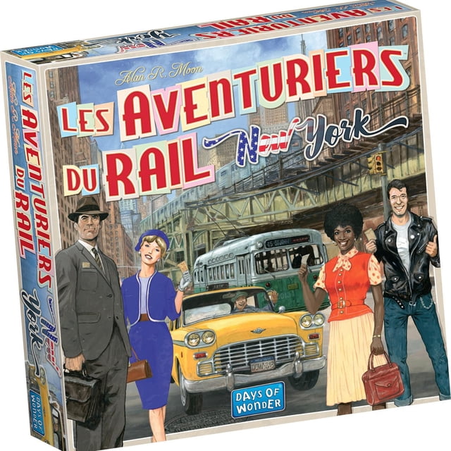 Boîte de Jeu de Société Les Aventuriers du Rail New York Montrant une Rue de la Ville de New York des Années 1960 avec un taxi Jaune, un Autobus Vert et Quatre Personnages Habillés de Vêtements d'Époque, Dont un Homme en Complet, une Femme en Bleu, une Femme en Rouge et Crème, et un Homme en Veste en Cuir, Fait Partie de la Série de Jeux de Société Classique Ticket to Ride.
