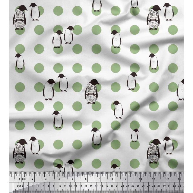 Soimoi polyester Crepe Fabric Dot & Penguin Ocean Print Fabric by Yard 52 Inch Wide