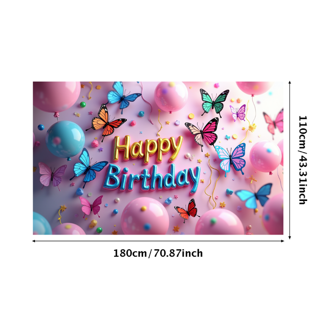 Colorful Butterfly Themed Happy Birthday Backdrop Banner Party Decorations Photography Props Birthday Party Supplies Decor Background. The polyester banner measures 180x110cm and features vibrant butterflies, balloons, and confetti on a pink background with the text 'Happy Birthday' in bold, colorful letters. Ideal for birthday party decorations and photography backdrops.