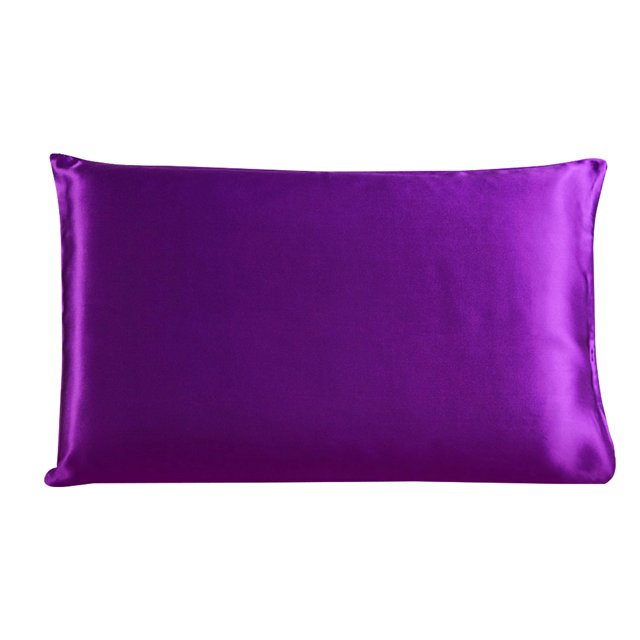 Unique Bargains 100% silk pillowcase in a vibrant purple color, crafted with 19 Momme silk fabric and a 400 thread count for luxurious softness and durability. Features a discreet zipper closure to prevent slipping and is available in standard, queen, and king sizes. Ideal for reducing facial wrinkles, preventing dry or knotted hair, and maintaining a temperate sleeping environment. Suitable for travel due to its lightweight and compact design.