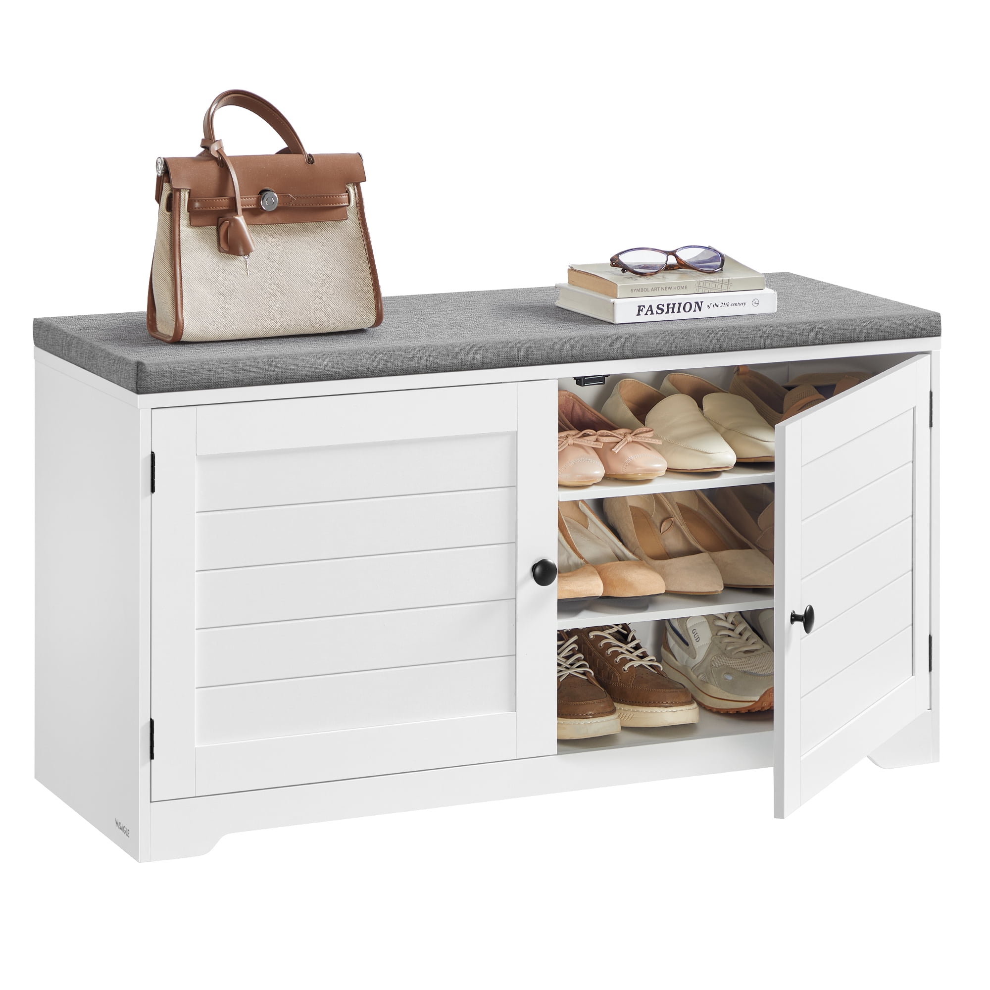 VASAGLE Shoe Bench with Storage, 3-Tier Entryway Shoe Bench Cabinet, White Shoe Rack Bench with Adjustable Shelves, 35.5 x 101 x 52.5 cm, for Hallway, Bedroom, Cloud White and Dove Gray