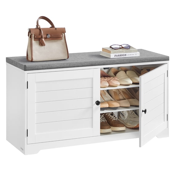 VASAGLE Shoe Bench with Storage, 3-Tier Entryway Shoe Bench Cabinet, White Shoe Rack Bench with Adjustable Shelves, 35.5 x 101 x 52.5 cm, for Hallway, Bedroom, Cloud White and Dove Gray