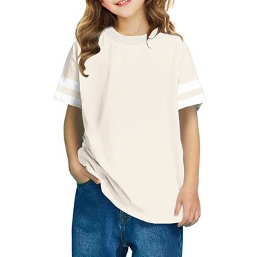 LLYWEY Girls T-Shirts, T-Shirts à Col Rond à Manches Courtes pour Tout-Petites Filles, Chemisiers Amples Décontractés d'Été à Rayures Imprimées pour Enfants, Hauts Mignons T-Shirts Chemises, Style-T-8, Beige, 13T