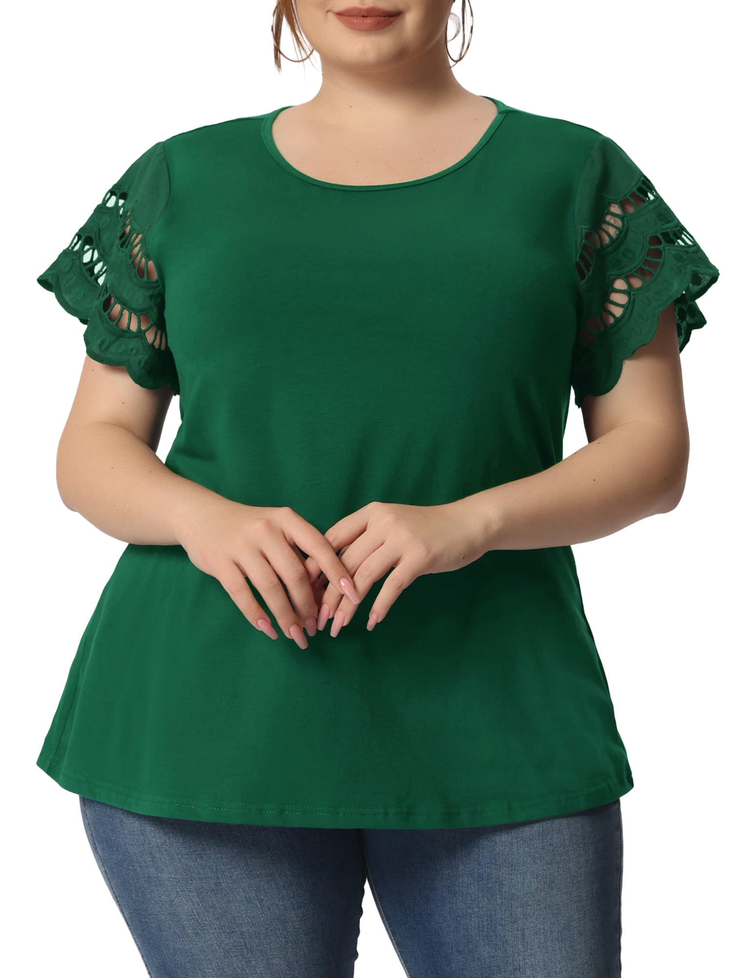 Agnes Orinda Women's Plus Size Tops Lace Panel Short Sleeves Spring Summer Solid Work Blouses 3X Dark Green