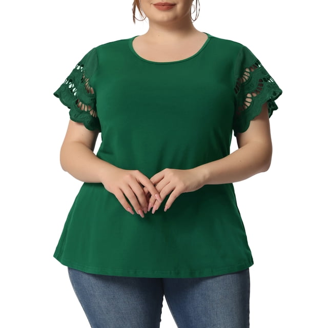 Agnes Orinda Women's Plus Size Tops Lace Panel Short Sleeves Spring Summer Solid Work Blouses 2X Dark Green
