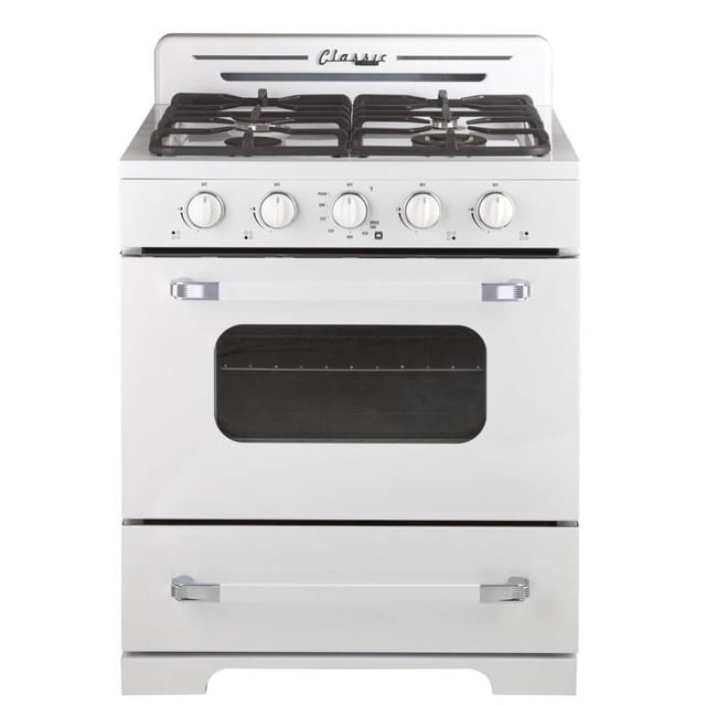 Unique 30' Classic Retro Marshmallow White Offgrid Range with Large Power Burner. This 30-inch gas range features a 1950s-inspired retro design in a marshmallow white finish, with heavy-duty zinc cast handles and continuous cast-iron grates for easy cookware movement. Equipped with sealed burners, including a 13,000 BTU burner for versatile cooking, and a 3.9 cu ft oven capacity with two adjustable racks and four shelf positions. The oven includes a window for monitoring and operates with a battery ignition system for off-grid convenience. Ideal for propane or natural gas use.