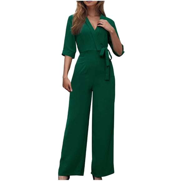 Jumpsuits for Women Woman Fashion Pockets Solid Color V-Neck Short Sleeve Jumpsuit Long Pants