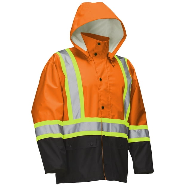 Forcefield Hi Vis Safety Rain Jacket with Snap-Off Hood in a front view, featuring bright orange upper and hood with lime yellow and reflective silver safety stripes on chest, sleeves, and waist, and black lower section. It has a high collar with snap buttons, detachable hood, two flap pockets, and is made of seam-sealed, water-resistant polyester oxford fabric designed for windproof protection and outdoor workwear safety.
