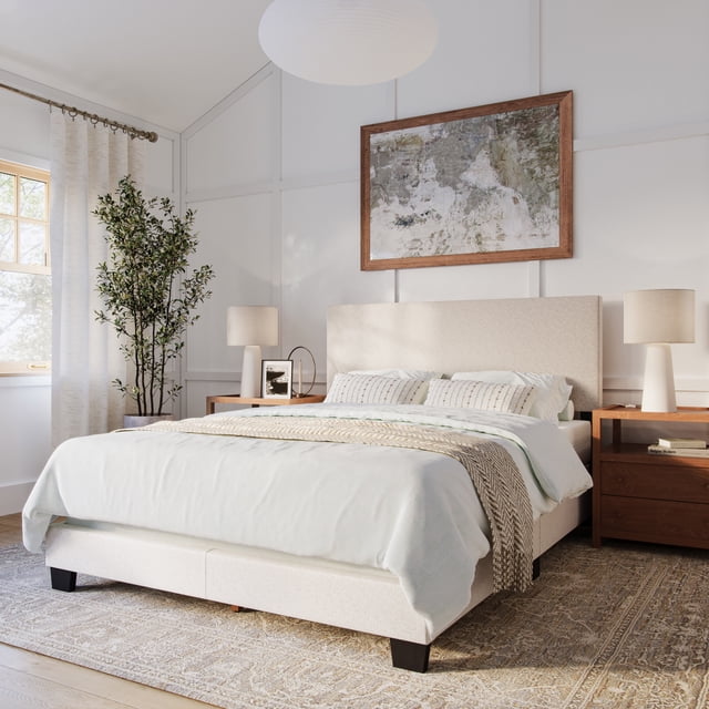 CorLiving Celeste Modern Upholstered Adult Queen Bed Frame with Headboard, Box Spring Required, Beige