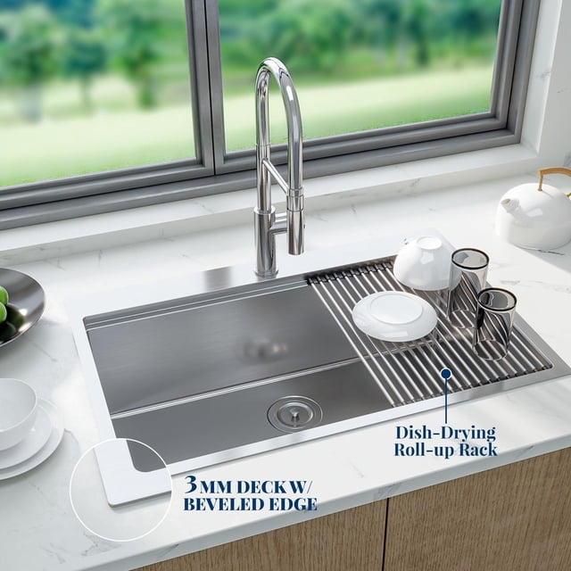 AKDSteel 304 Stainless Steel Drop-In Kitchen Sink, 1.35mm Thick Handmade Welded With Brushed Finish, Includes Bamboo Cutting Board And Accessories