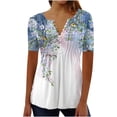thumbnail image 2 of EGNMCR T Shirts pour Femmes Mode Été Pli Imprimé Manches Courtes Col en V Bouton Haut, 2 of 3