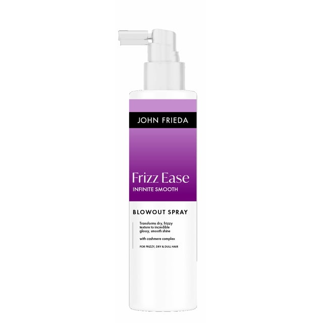 John Frieda Frizz Ease Infinite Smooth Blow out Spray with white pump and purple label, a style-sealing spray that transforms frizzy, dry hair to glossy smooth shine with cashmere complex, offering heat protection up to 230°C and weatherproofing for up to 3 washes, also suitable for taming flyaways and enhancing hair smoothness.