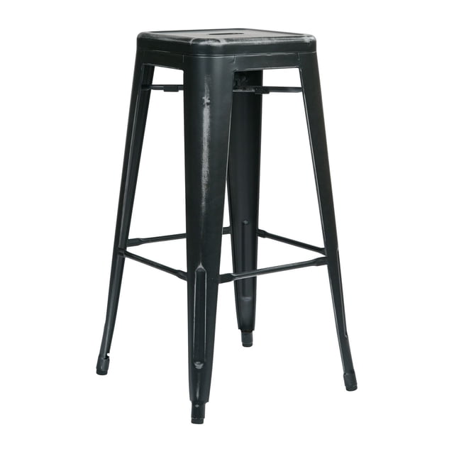 OSP Designs Bristow 30" antique black metal barstool with a square seat featuring a handle aperture, four tapered legs with rubber feet and crossbars for support, finished in a distressed antique patina, stackable and suitable for kitchen or outdoor deck seating.