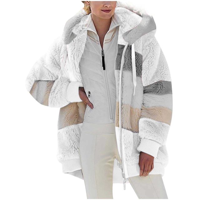 FAIWAD Women's Full Zip Fuzzy Fleece Hooded Coat Color Block Drawstring Fall Winter Warm Coat with Pockets