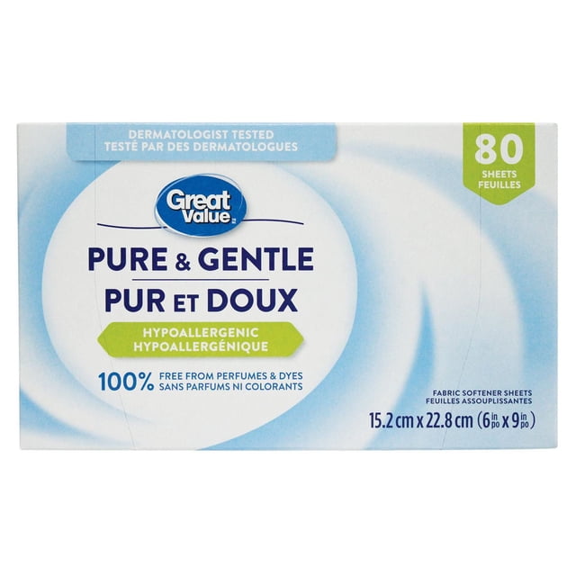 Great Value Feuilles d'Assouplissant pour Tissus Pures et Douces Sans Parfum en Boîte avec 80 Feuilles Hypoallergéniques, Sans Parfums Ni Colorants, Testé par des Dermatologues, Mesurant 6 par 9 Pouces (15,2 cm par 22,8 cm), Conçu pour Réduire les Rides et l'Adhérence Statique Tout en Adoucissant les Vêtements en Douceur.