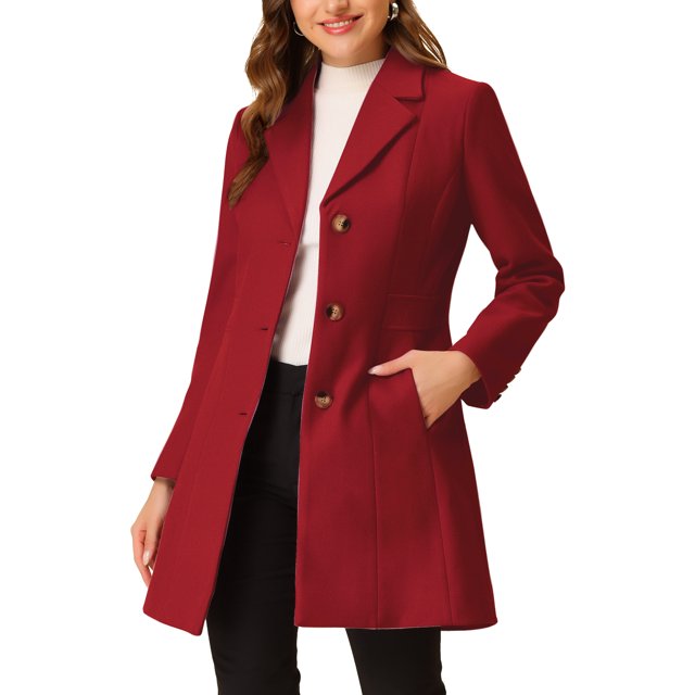 INSPIRE CHIC Manteaux d'Hiver Longs pour Femmes à Simple Boutonnage à Revers Cranté Rouge P