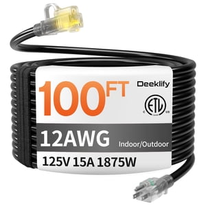 12 Étendue 100 FT Corde d'extension extérieur robuste étanche avec bout éclairé, noir 12 Corde d'extension de jauge flexible et résistant au froid 3 Prong Groun