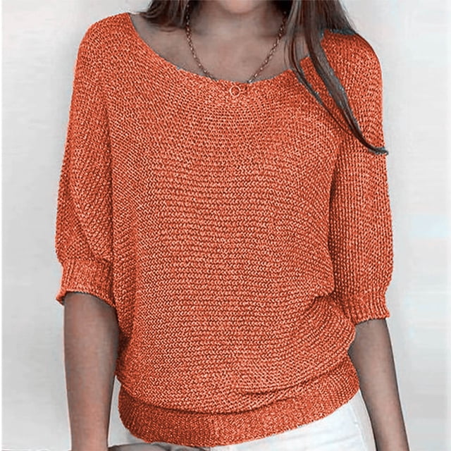 Qertyioot Chandail pour Femme Grande Taille Col Rond Tricot Élégant Manches 3/4 Chemise Confortable