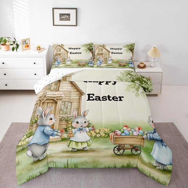 Erosebridal Happy Easter Comforter Sets Queen Size,Rabbit Eggs Bedding Queen Comforter Set,Animal Bedroom Decor,Reversible,Ultra Soft,3 Pieces