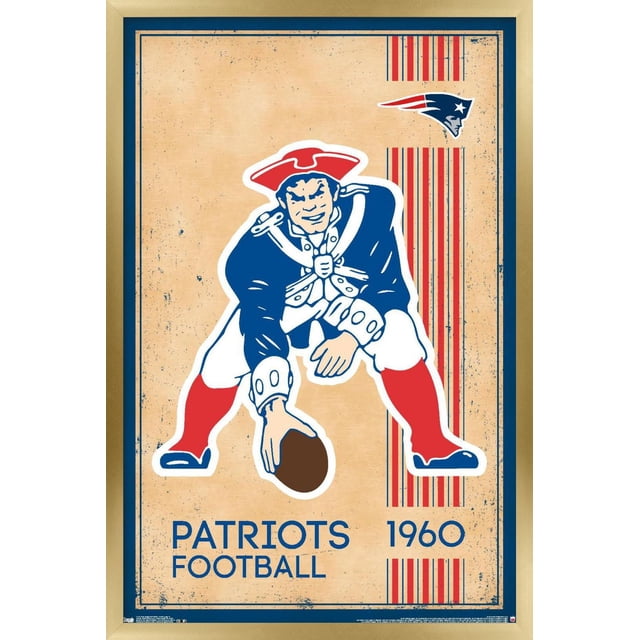 NFL New England Patriots - Affiche Murale Logo Rétro 14, 14,725 Po x 22,375 Po, art Mural Encadré de Style Vintage Mettant en Vedette un Joueur de football colonial Tenant un Ballon de football en Rouge, Blanc et Bleu sur un Fond beige Vieilli avec Texte des Patriots, date 1960 et Logo des Patriots, Convient à la Déco Intérieure à Thème Sportif.