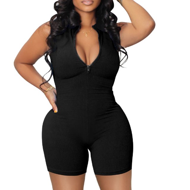 LOVZFMLL Combinaison à Col Haut avec Fermeture Éclair pour Femmes Combinaison Colorée Shorts Combinaison Serrée Noire G