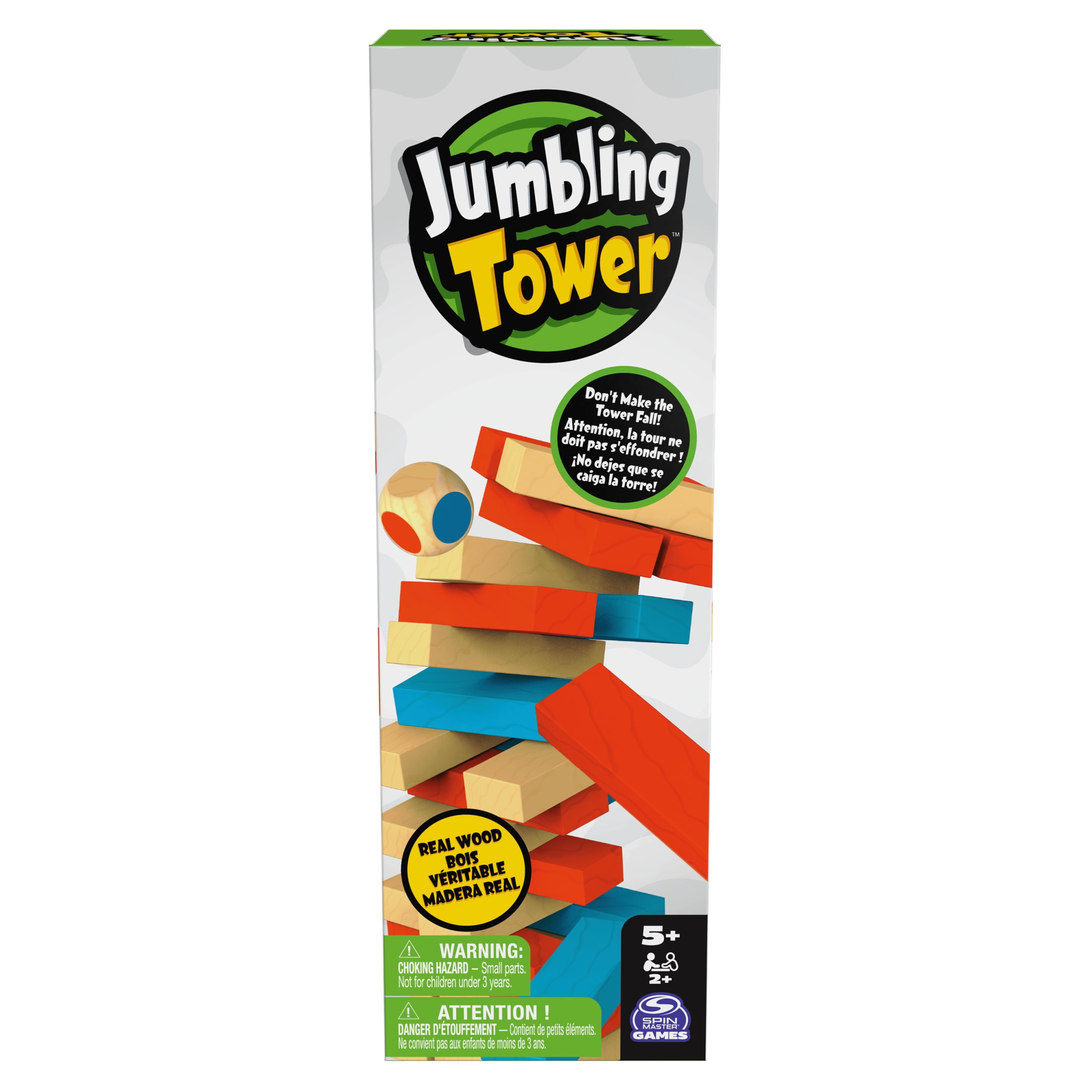 Spin Master Games, Jumbling Tower arc-en-ciel, jeu d'empilement et d'équilibre, jeu de construction, jeu de société en bois, pour les enfants à partir de 5 ans