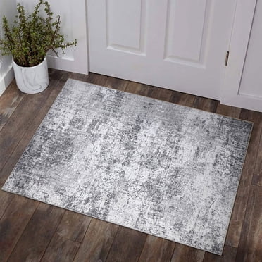 BERTHMEER Tapis de Petite Taille 2'x3' pour Entrée, Seuil de Porte, Chambre, Passage, Cuisine, Buanderie, Dortoir, Lavable, Antidérapant, Abstrait, Contemporain, Usé, Tapis d'Intérieur, Paillassons, Gris