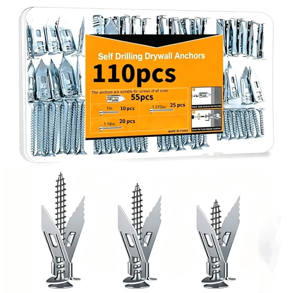 Ensemble de 110 Pcs d'Ancres et de Vis pour Cloison Sèche en Métal, Aucune Pré-Perforation Nécessaire, pour Suspendre des Photos, des Miroirs, des Tablettes pour la Maison et le Bureau