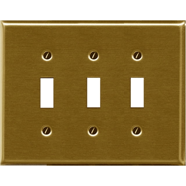 Atron Electro Industries Traditional Brass Triple Toggle Wall Plate with a brushed brass finish, three rectangular toggle switch openings, and six mounting screws, suitable for decorative electrical switch coverage and matching brass home fixtures.