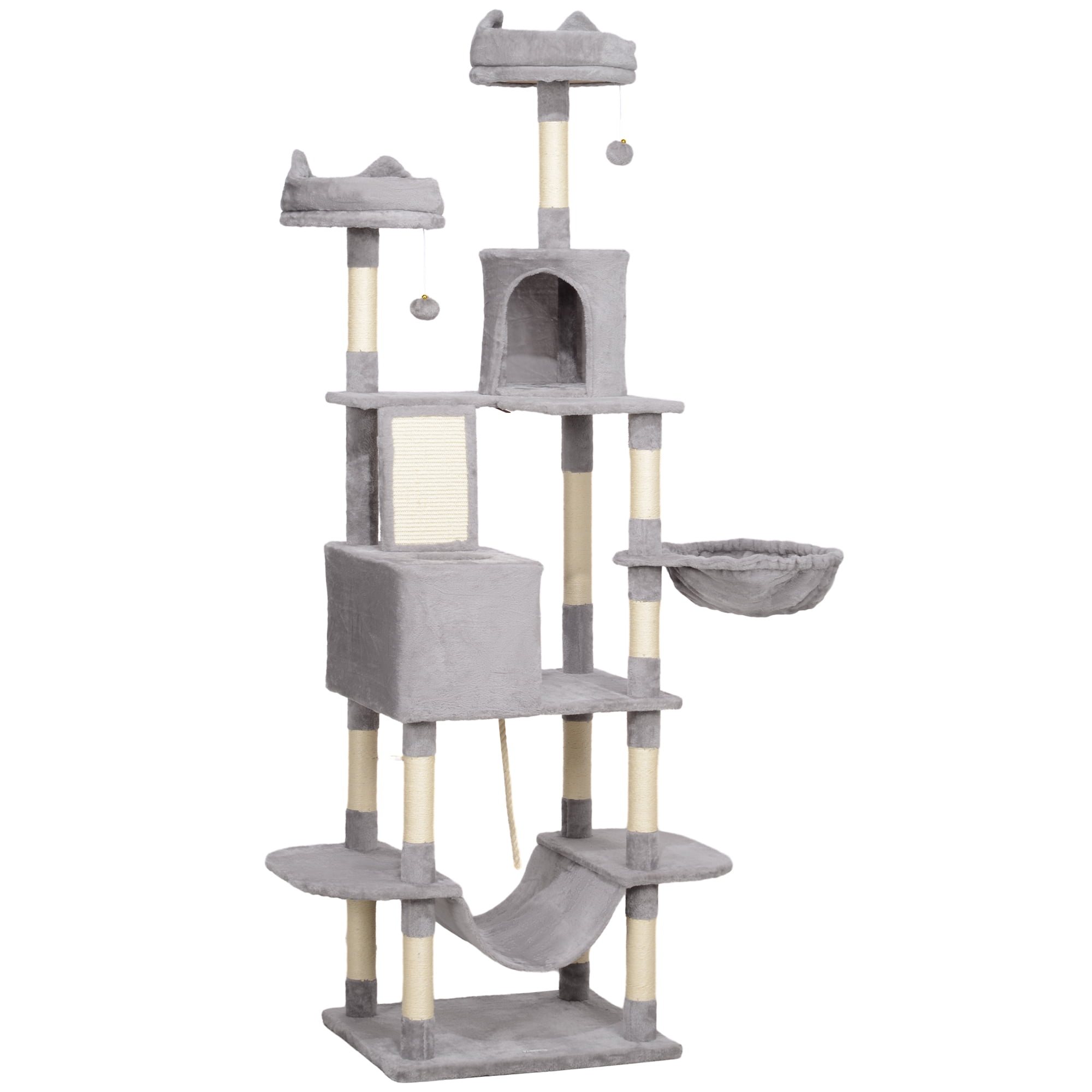 CoSoTower 81" Large Cat Tree w/ Scratching Posts, Condos, Beds, Hammocks, Jumping Platforms, Toy Balls, Rope Cat Toy, Light Grey