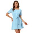 thumbnail image 1 of INSPIRE CHIC Women's Square Neck Button Decor Short Sleeves Tie Waist Mini Dress, 1 of 6