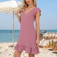 thumbnail image 4 of LOVZFMLL Robes d'Été pour Femmes 2025 Col en V Manches Courtes Volantées Ourlet à Volants Robe Smock Mini Décontractée Plage Vacances Vêtements pour Femmes Rose G, 4 of 8