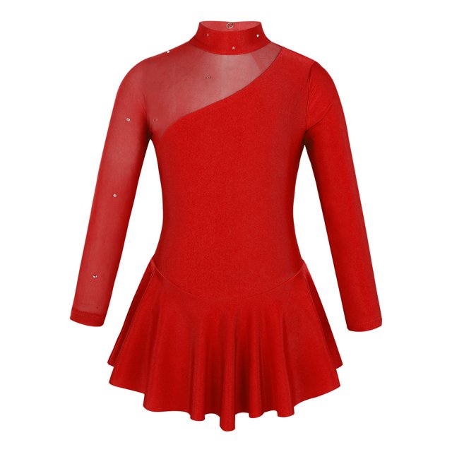 Hansber Girls Long Sleeves Sequins Mesh Patchwork Gymnastics Ballet Dance Dress Figure Ice Skating Red 8