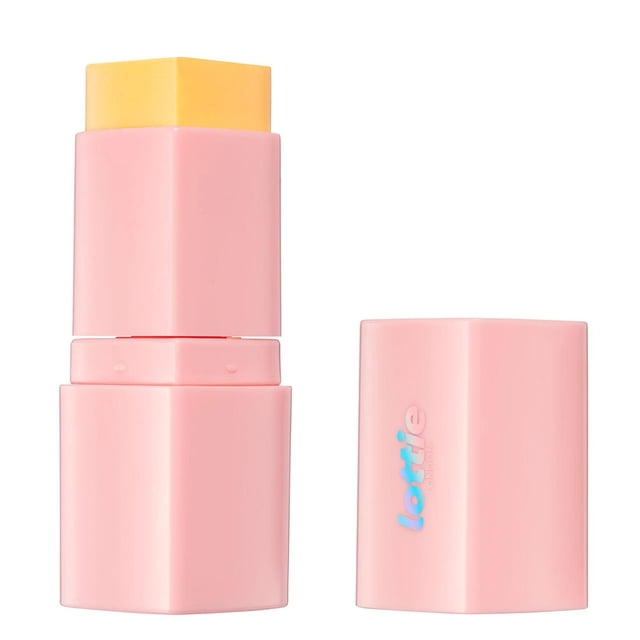 Lottie - Blush Bestie - pH Colour Changing Cheek & Lipstick - 5.2g showing a square blush stick with a yellow heart-shaped tip in a light pink twist-up tube and cap beside it with holographic branding; this creamy, hydrating blush stick delivers a personalised colour flush and dewy finish suitable for cheeks and lips.