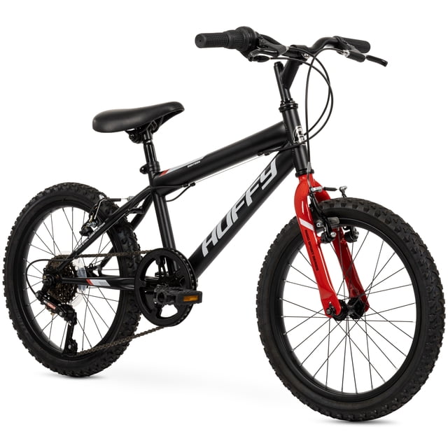 Huffy Algonquin 18-inch boys’ rigid 6-speed mountain bike in black with red front fork, featuring a steel frame, 6-speed index twist shifter, front and rear steel linear pull brakes, and 18”x1.95” ATB tires for reliable off-road grip, suitable for children aged 4 to 8 years.