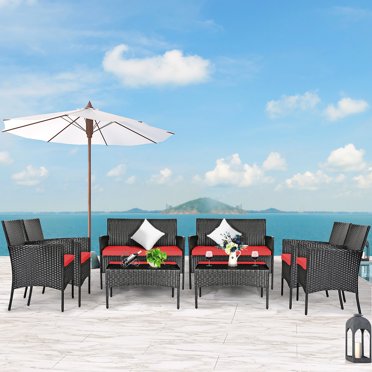 Costway 8PCS Patio Rattan Furniture Set Cushioned Sofa Coffee Table Backyard Porch Red