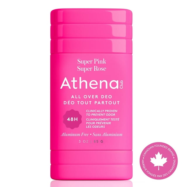 Athena Club All Over Deodorant Super Pink, 85 g, in a bright pink stick container with white text highlighting 48-hour odor protection, aluminum-free and baking soda-free formula, dermatologist-tested for sensitive skin, suitable for all-over use including underarms and private areas.