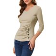 thumbnail image 4 of INSPIRE CHIC Women's Button Decor V Neck 3/4 Sleeve Solid Knitted Ruched Blouse Light Khaki 2XL, 4 of 7