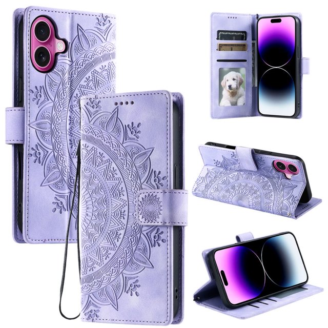Flip Case for iPhone 16 Plus , Totem Embossed Flowers Premium PU Leather Wallet Folio Cover with Card Holder Kickstand Compatible with iPhone 16 Plus - Light Purple
