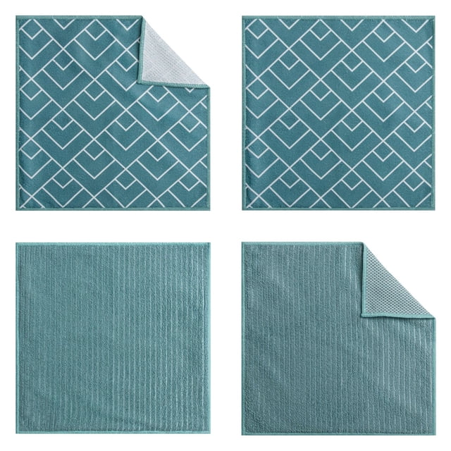 Mainstays Lot de 4 Linges à Vaisselle avec Deux Chiffons Double Face Présentant des Motifs Géométriques Sarcelle et des Côtés à Récurer en Maille, et Deux Chiffons Unis Sarcelle avec des Côtés Texturés pour le Lavage et des Côtés à Récurer en Maille, Convenant aux Tâches Polyvalentes de Nettoyage et de Récurage de Cuisine.