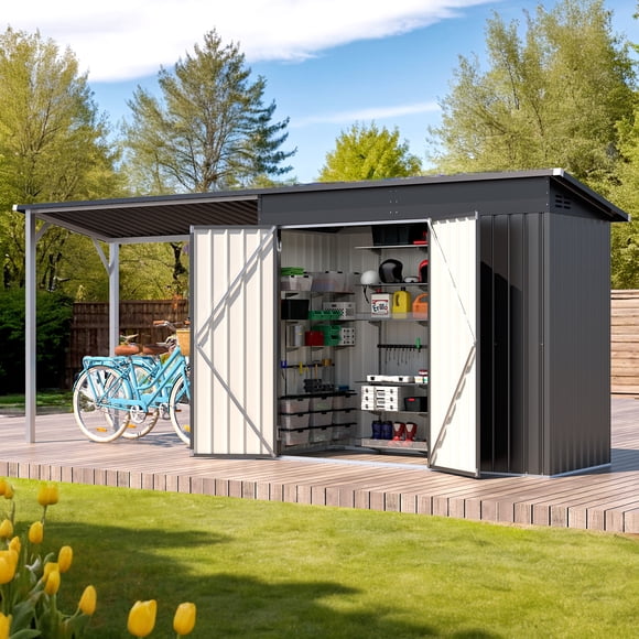 AECOJOY Abri Adossé en Métal 14 Pieds x 4 Pieds avec Pergola Ouverte Attachée, Remise de Rangement Extérieure 2-en-1 4 Pieds x 8 Pieds et Ensemble de Gazebo à Toit Rigide 6 Pieds x 4 Pieds, Surface Couverte de 56 Pi2 pour Patio Ou Cour Arrière
