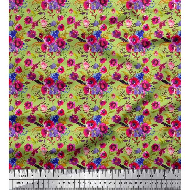 Soimoi Green Rayon Fabric Leaves & Ranunculus Floral Fabric Prints By Yard 56 Inch Wide