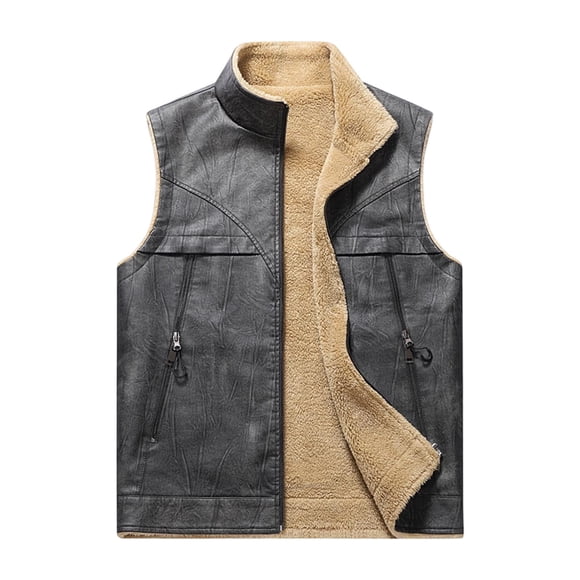 Lovzfmll Men's Faux Leather Vest Shearling Lined Retro Casual Sleeveless Gray, L