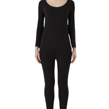 Xingzhi Ensemble de sous-Vêtements Longs pour Femmes Couleur Unie Couche de Base Thermique Costume Col Rond Vêtements de Nuit Élastiques Doux Confortables Noir