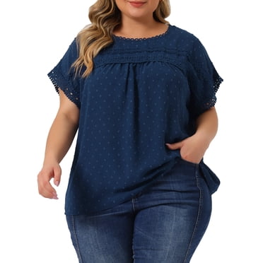 Agnes Orinda Hauts pour Femmes Grande Taille en Mousseline à Pois Suisses Manches Courtes Blouse Plissée en Dentelle Crochet 3X Bleu Foncé