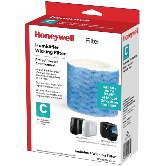Honeywell HC-888PFC Humidifier Wicking Filter (Filter C) showing a blue antimicrobial treated wicking filter with a white inner layer, designed to inhibit mould growth, capture minerals from water, and prevent white dust, compatible with Honeywell HCM-890 and HEV320 humidifier models.