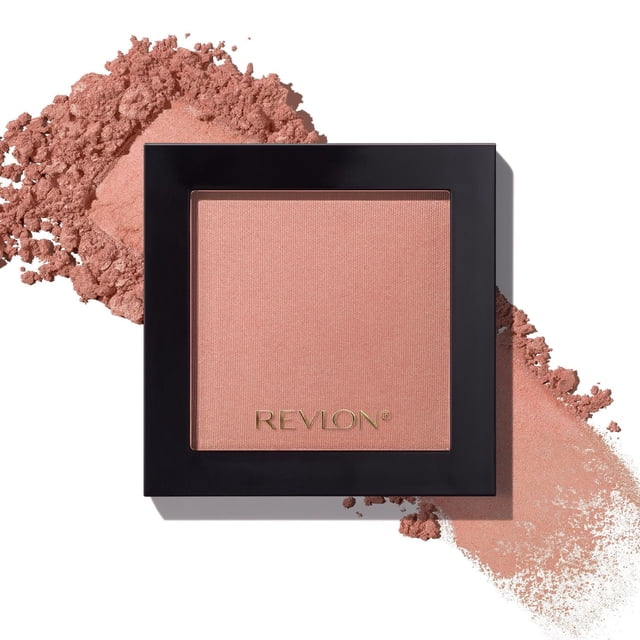 Revlon Powder Blush in a square black compact featuring silky, buildable soft pink powder with the Revlon logo embossed in gold, shown with loose powder spread behind on a white background, suitable for creating a natural flush and enhancing cheek dimension.
