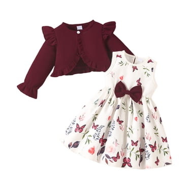Splozh Vêtements d'Automne et d'Hiver pour Tout-Petites Filles Robe pour Tout-Petites Filles avec Cardigan Ensemble Petite Fille Robe Sans Manches à Fleurs Manteau à Volants Tenue Bébé à Manches Longues Bordeaux,18-24 Mois