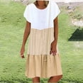 thumbnail image 1 of Fatuov Robe Midi Plissée pour Femme Grande Taille d'Été à Blocs de Couleur, Robe Chemise Bohème pour les Vacances, Manches Courtes, Col Rond, Fluide, Évasée, Robe de Plage, Tailles TTG, Kaki, 1 of 5